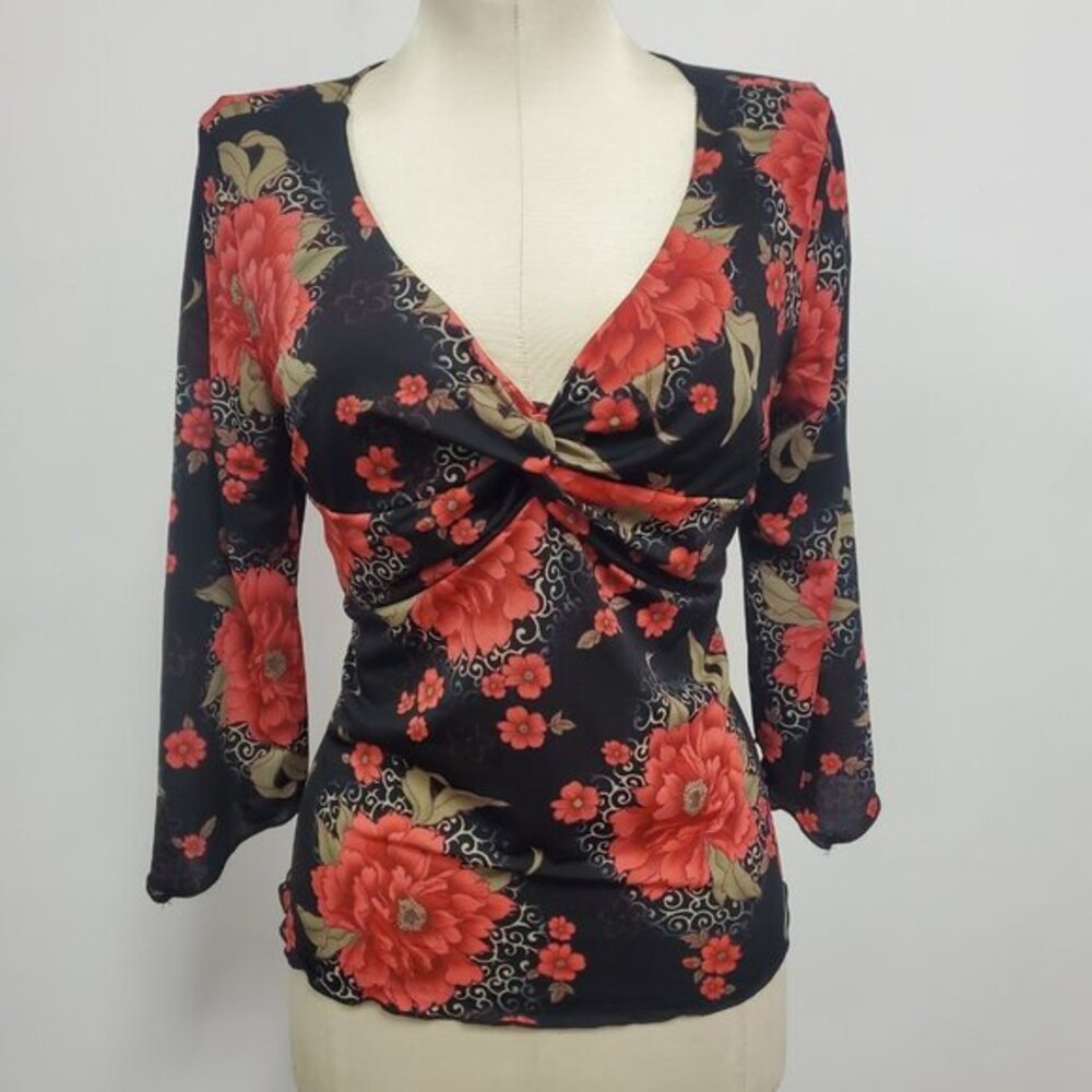 Simply Irresistible Black Floral Twist-Front V-Neck Top